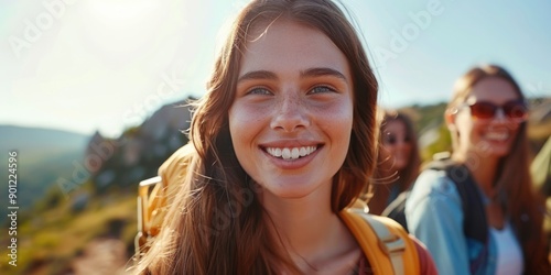 A smiling woman with a backpack, perfect for outdoor or travel related concepts photo