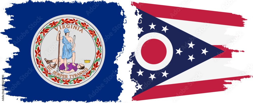 Obraz premium Ohio and Virginia states grunge brush flags connection, vector