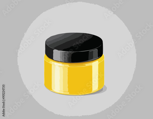 Round yellow glossy plastic jar with ribbed black lid. Storage container for bulk products 
