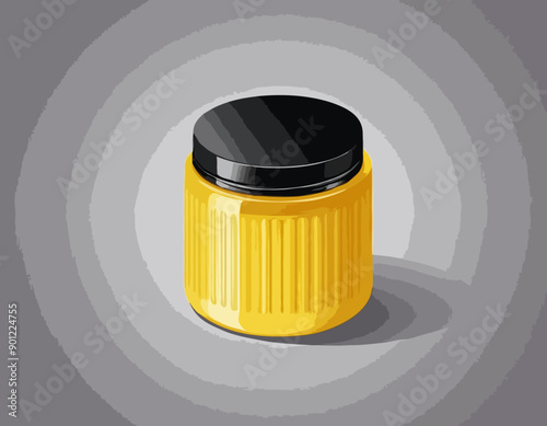 Round yellow glossy plastic jar with ribbed black lid. Storage container for bulk products 