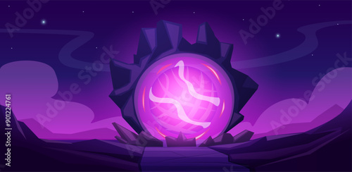 Magic portal landscape. Mystical stones desert with violet light door in other location or world. Cartoon fantasy game adventures nowaday vector background