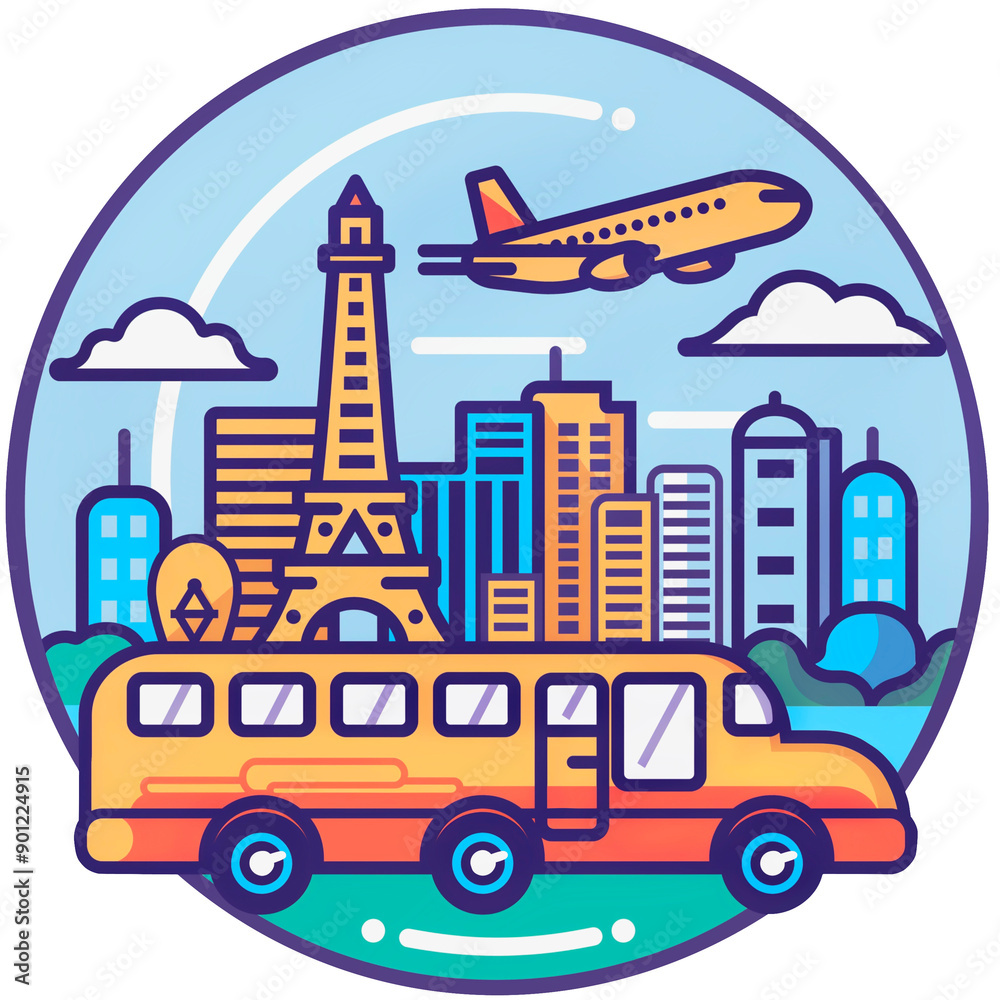 Colorful Travel Icon with Bus, Airplane, and Cityscape. Colorful Travel Icon with Bus, Airplane, and Cityscape.