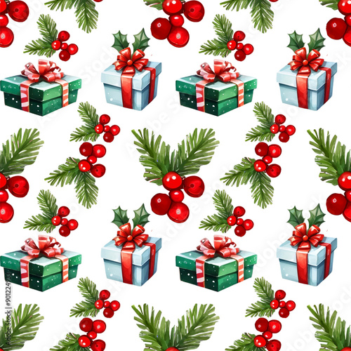 Watercolor christmas seamless pattern with holly berry and gift boxes