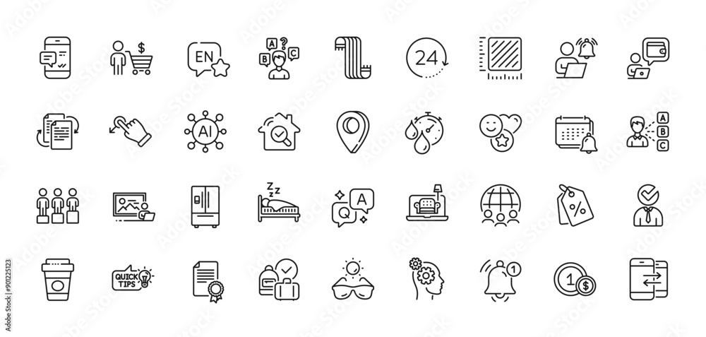 Furniture, 24 hours and Scarf line icons pack. AI, Question and Answer, Map pin icons. Vacancy, Equity, Smile web icon. Certificate, Takeaway coffee, English pictogram. Vector Furniture, 24 hours and Scarf line icons pack. AI, Question and Answer, Map pin icons. Vacancy, Equity, Smile web icon. Certificate, Takeaway coffee, English pictogram. Vector