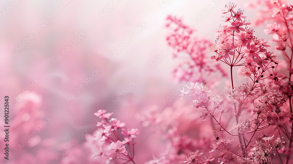 Obraz premium Horizontal soft pink background with delicate flowers and light haze. Generated by artificial intelligence