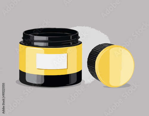 Round yellow glossy plastic jar with ribbed black lid. Storage container for bulk products 