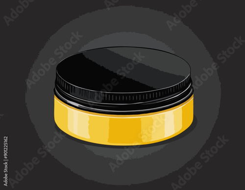 Round yellow glossy plastic jar with ribbed black lid. Storage container for bulk products 