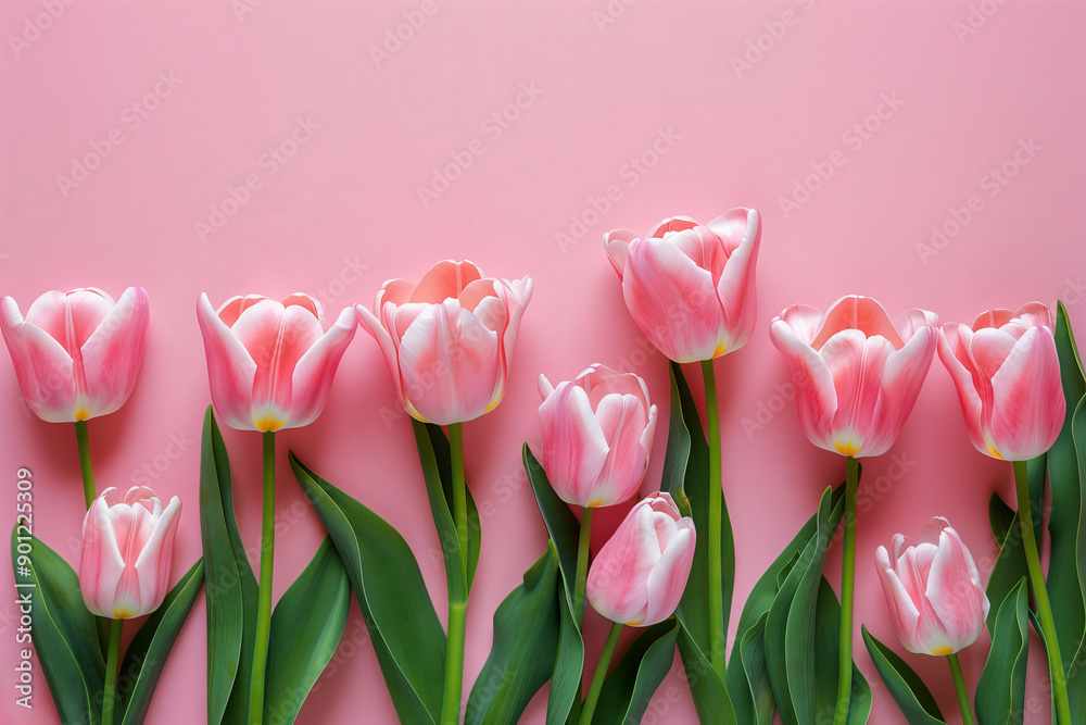 Fototapeta premium Tulips flowers on a pastel pink background in a flat lay top view composition with copy space for your text message or greeting card design