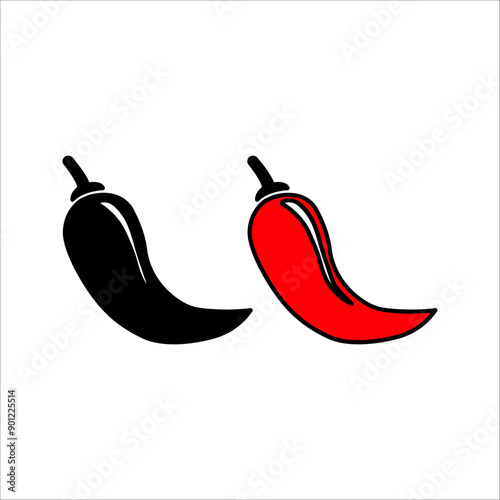 Hot chili icon. Vector of Asian and Mexican hot food and sauces, red and black line chili peppers.