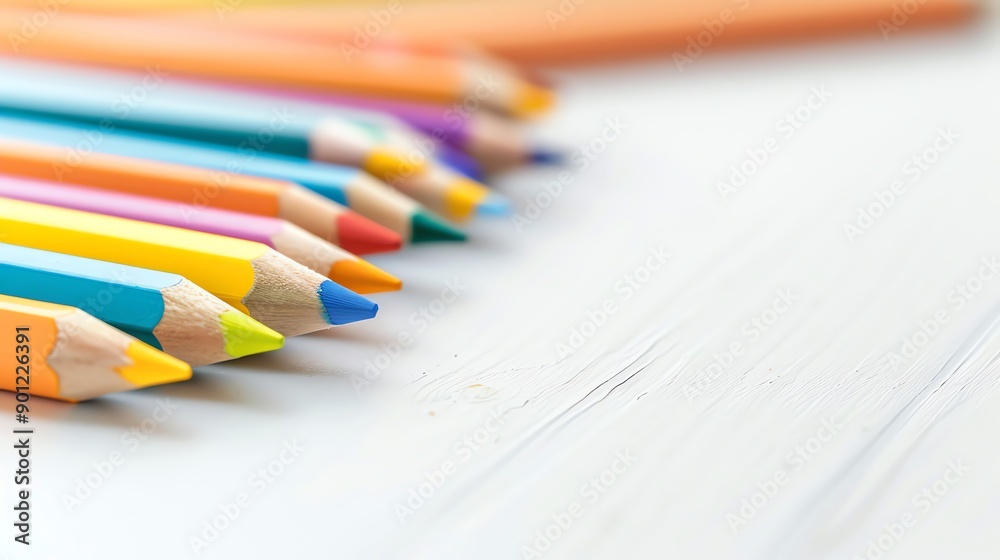 Vibrant colored pencils arranged neatly on a white surface, perfect for art projects, creativity, or classroom supplies. Vibrant colored pencils arranged neatly on a white surface, perfect for art projects, creativity, or classroom supplies.