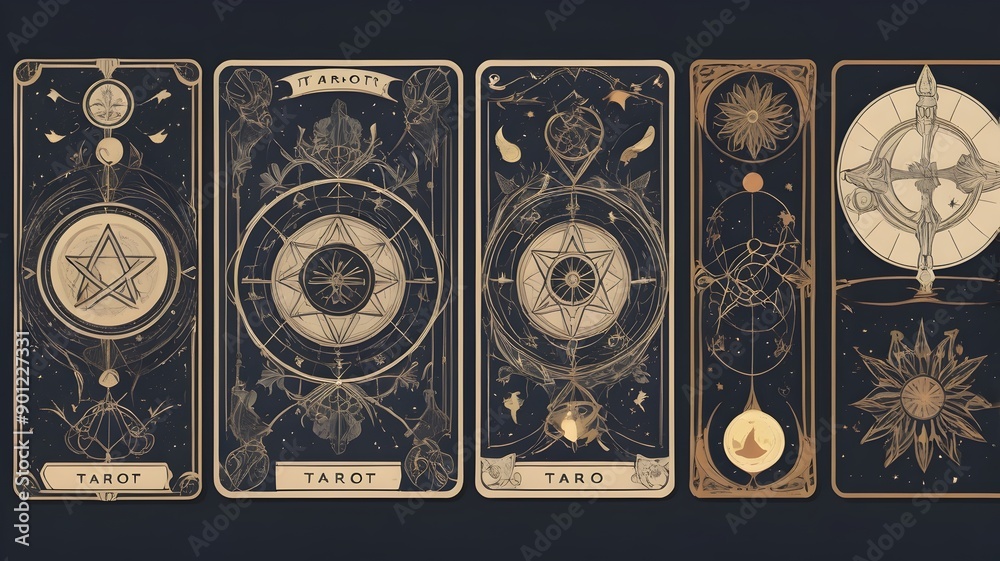 Graphic design with motifs of tarot cards and mystical symbols
Graphic design with motifs of tarot cards and mystical symbols