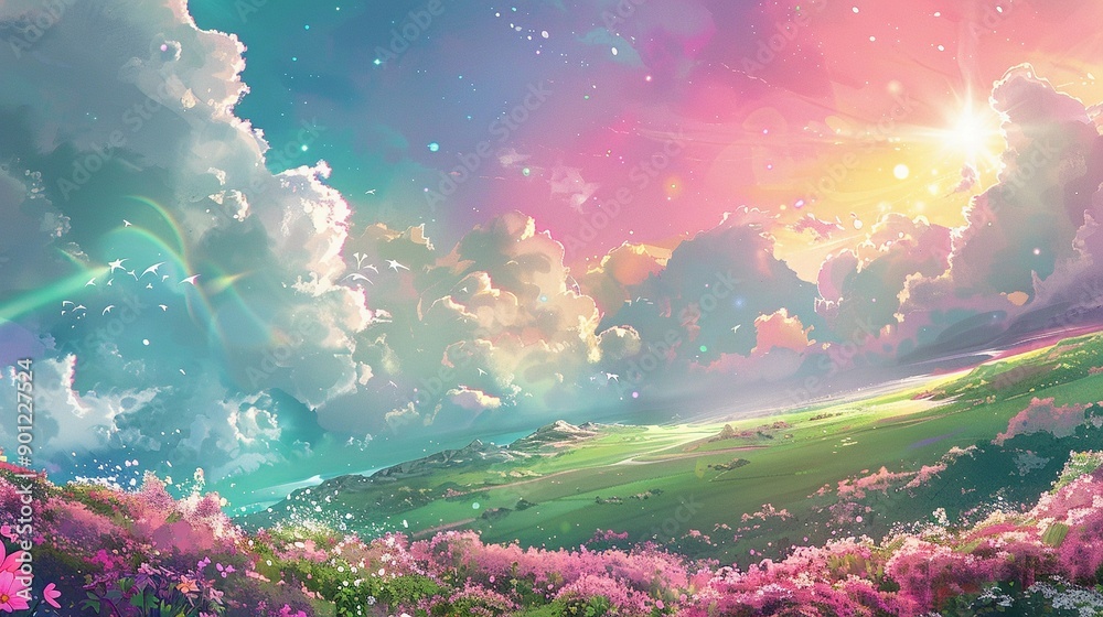 Fototapeta premium A Dreamlike Landscape with Pink Flowers, Rolling Hills, and a Bright Sky
