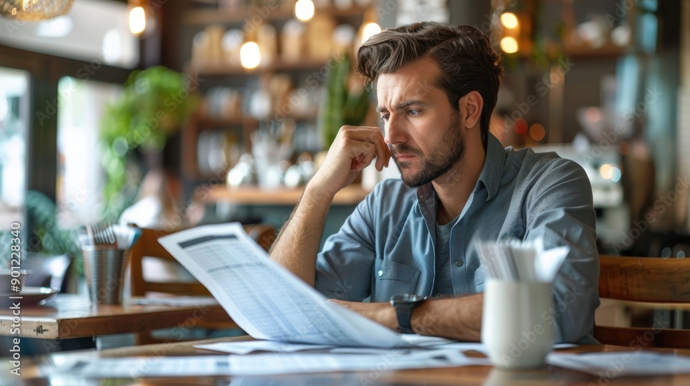 Stressed Restaurant Owner Reviewing Unpaid Utility Bills in Financial Crisis Stressed Restaurant Owner Reviewing Unpaid Utility Bills in Financial Crisis