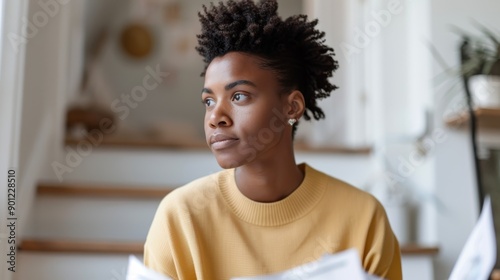 Financial Struggle: Homeowner Sitting on Stairs with Unpaid Utility Bills © DigitalMagicVisions