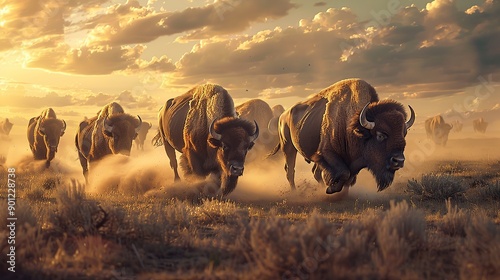 A herd of bison running across the prairie at sunset photo