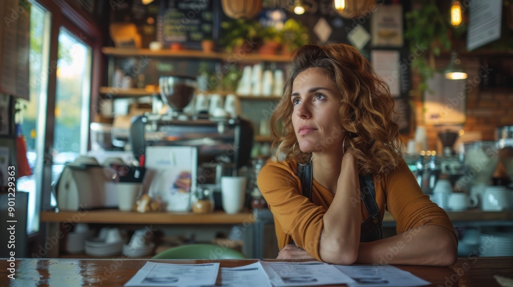 Stressed Cafe Owner Managing Unpaid Invoices and Business Debt Stressed Cafe Owner Managing Unpaid Invoices and Business Debt