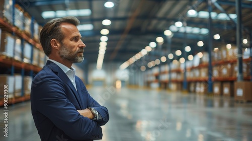Stressed businessman surrounded by debt notices in deserted warehouse illustrating financial strain and manufacturing downturn