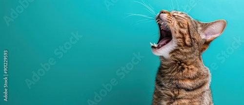 A close-up of a tabby cat yawning against a teal background, capturing a candid and expressive moment. Perfect for pet and animal-related content.