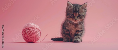 Adorable kitten sitting beside a ball of yarn against a pink background, capturing a cute and playful moment. photo