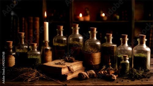 Halloween Witch's Potion Bottles and Books on Table  © stopcontrol