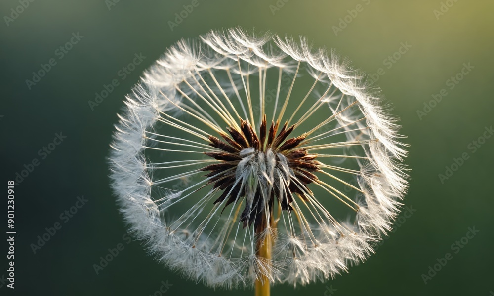 Fototapeta premium Macro shot of a dandelion seed head with fluffy white seeds against a blurry green background