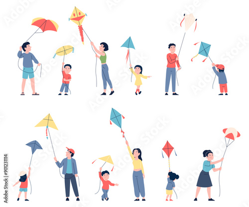People and flying kite. Adults and children playing with kites on air. Happy seasonal time outdoor, flying kites season. Wind toys recent vector set