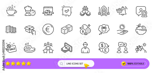 People voting, Sun protection and Dice line icons for web app. Pack of Boat, Engineer, Gift dream pictogram icons. Sale, Video conference, Currency exchange signs. Online storage, Cash, Chef. Vector