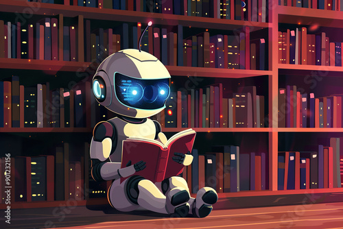 A robot is standing in a library and reading a book, generative ai image.