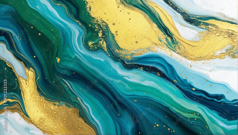Background with fluid art texture. Backdrop with abstract mixing paint effect. Liquid acrylic artwork that flows and splashes. Mixed paints for interior poster. Light green, gold and white colors Background with fluid art texture. Backdrop with abstract mixing paint effect. Liquid acrylic artwork that flows and splashes. Mixed paints for interior poster. Light green, gold and white colors