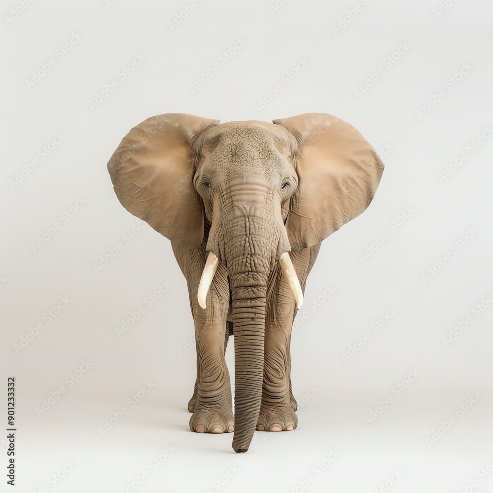Obraz premium A majestic elephant standing proudly, showcasing its large ears and long trunk against a neutral background.