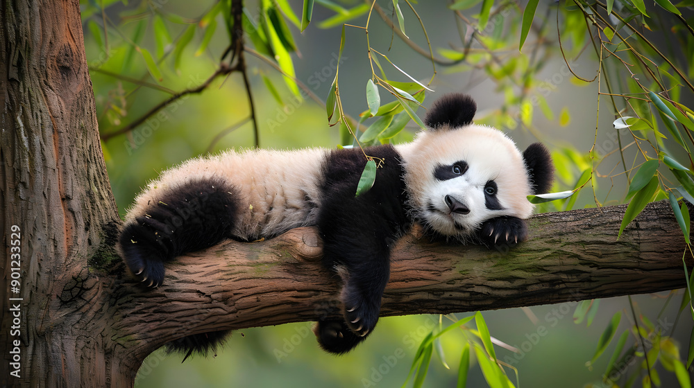 Fototapeta premium A giant panda peacefully sleeps on a tree branch surrounded by lush green foliage in a forest setting. Captures the serene beauty and natural habitat of this endangered species.