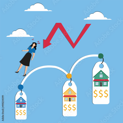 Housing prices fall, decline in real estate and property prices, property investment losses, businesswoman fell from a red graph running down the roof of the house concept