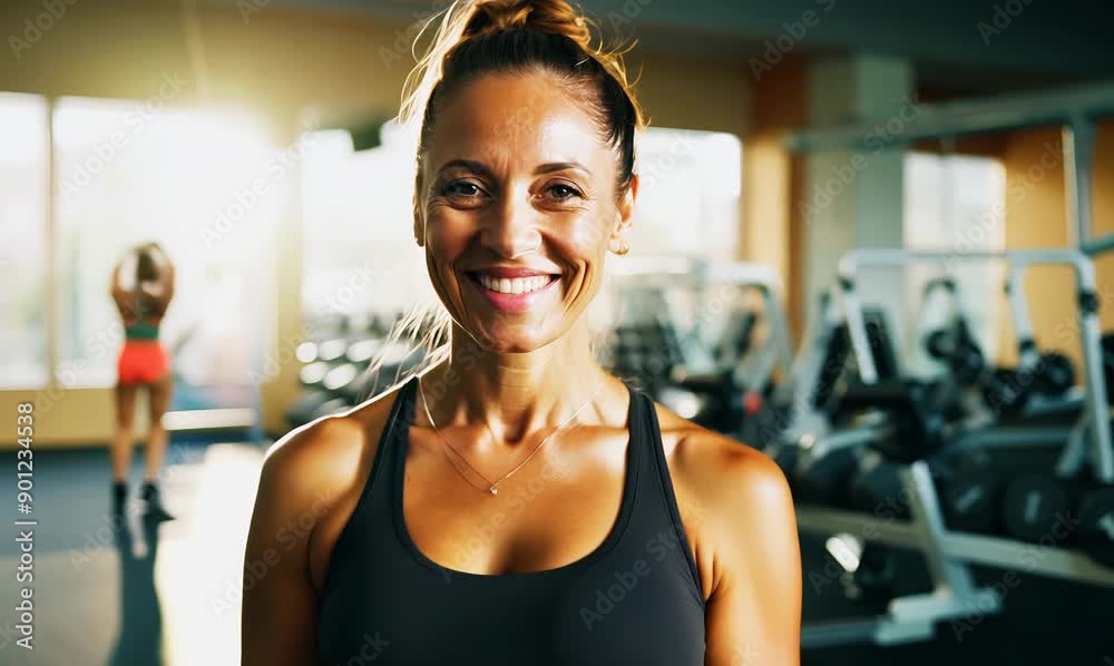 Fitness woman in a gym smiling and looking at the camera. Fitness woman in a gym smiling and looking at the camera.