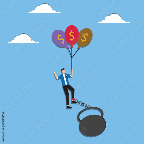 Tax burden, business budget barriers, taxation problem for wealth accumulation, businessman fails to fly using a green balloon with a dollar symbol because of the weight ball attached to his feet