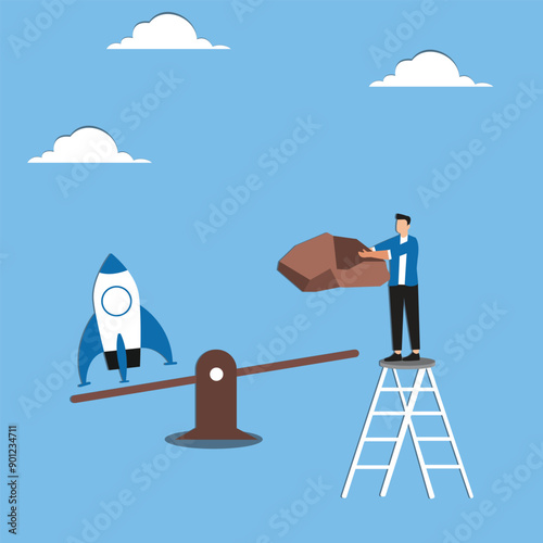 Take high risks to get business success, investor risk appetite in securities and investment asset to get high reward, businessman drop weights onto a seesaw to launch a startup business rocket