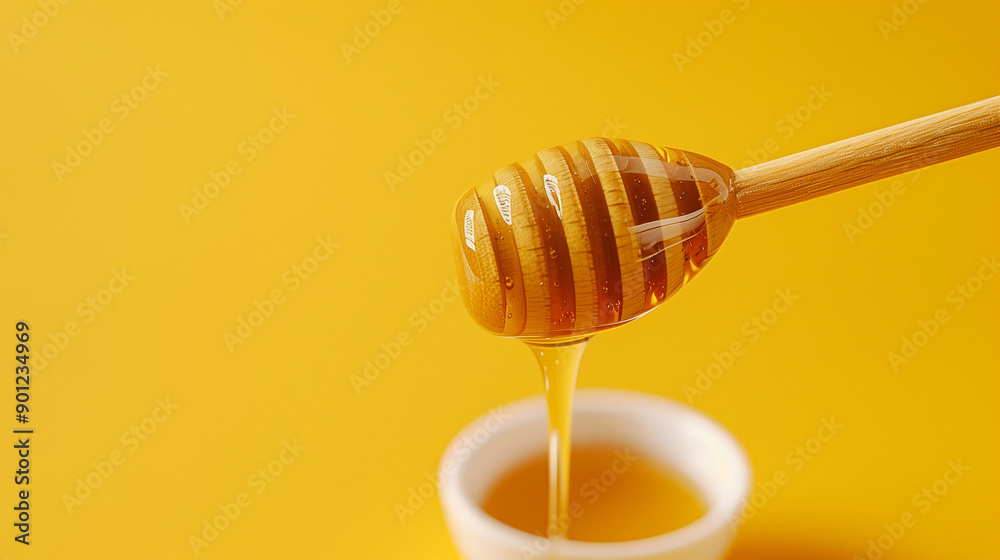 A close-up of honey dripping from a wooden honey dipper into a small white bowl against a bright yellow background. A close-up of honey dripping from a wooden honey dipper into a small white bowl against a bright yellow background.