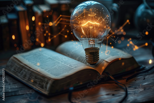 A glowing lightbulb hovers over an open book with sparks of energy and books in the background. Concept of knowledge and innovation, useful for educational themes. photo