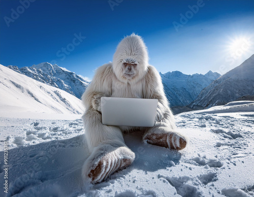 Yeti Working Remotely With Laptop in the Himalayas Surfing Internet photo