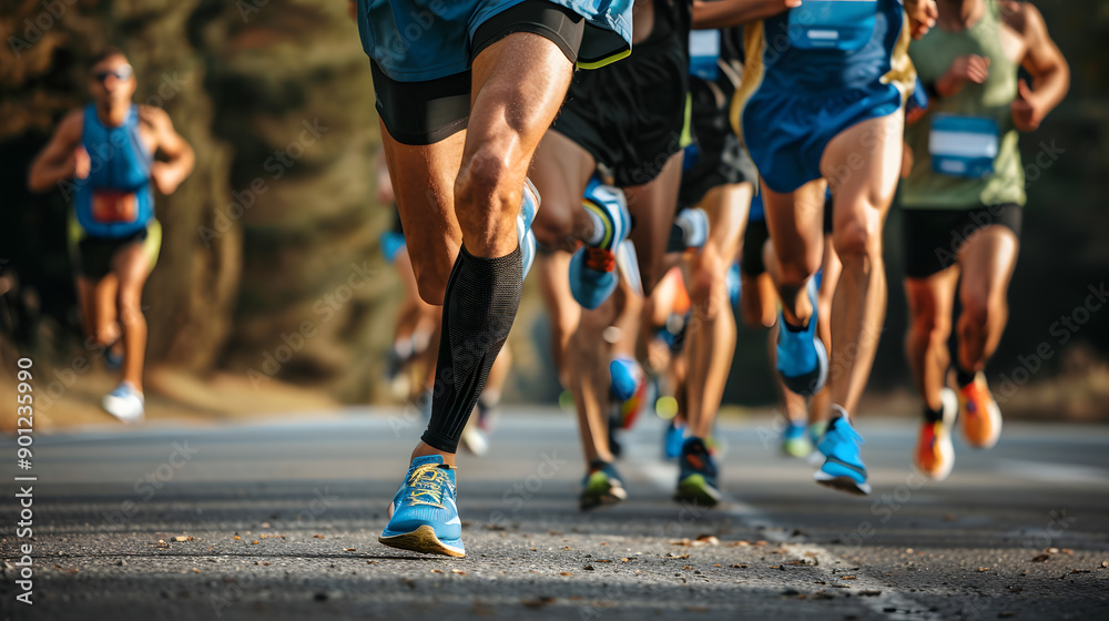 A close-up view of runners' legs as they compete in a marathon race, highlighting their speed and determination. The image captures the dynamic motion and athleticism of the participants. A close-up view of runners' legs as they compete in a marathon race, highlighting their speed and determination. The image captures the dynamic motion and athleticism of the participants.