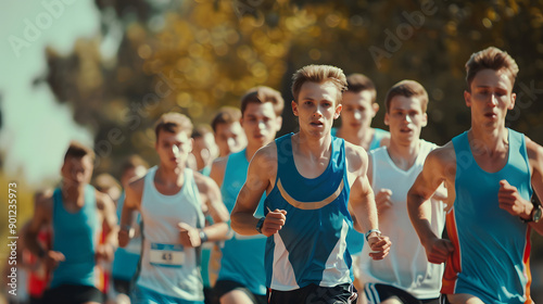 A group of young runners competes in a marathon race, demonstrating their energy and determination. The image captures the dynamic spirit and focus of the athletes as they navigate the course.