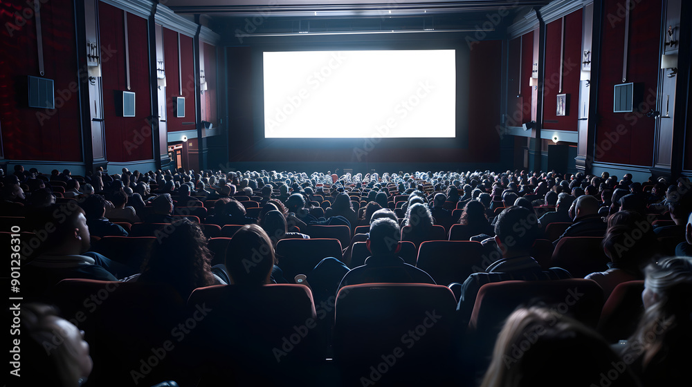 Obraz premium A crowded movie theater with a large audience watching a film on the big screen. The image captures the communal experience and excitement of cinema, with rows of seats filled with engaged viewers.