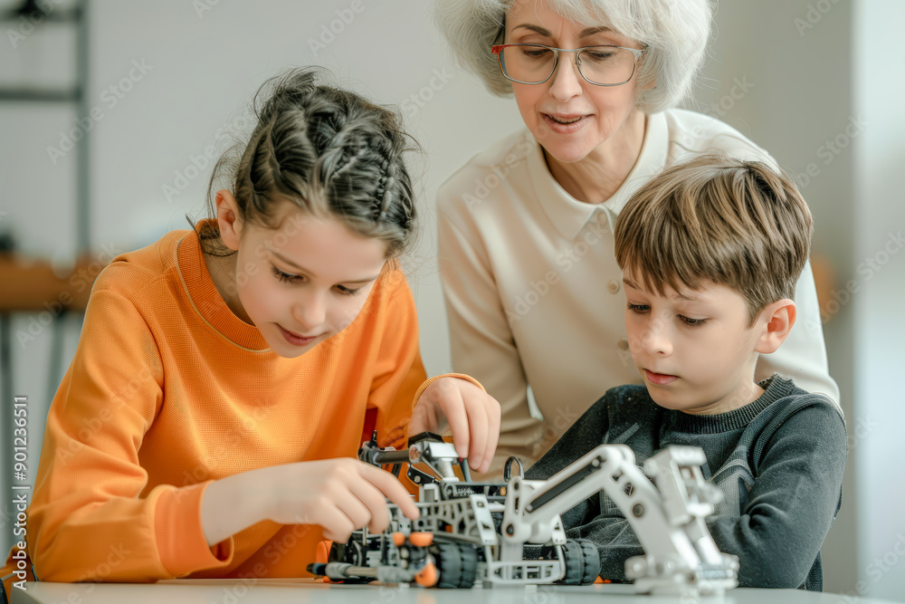 Innovation and Creativity Enthusiastic Children Engaged in Robotics Building Activity Embracing STEM Education and Teamwork in a Bright Classroom Environment wallpaper, background 