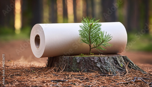 ESG logging and Circular Economy Concept: Paper Roll on Tree Stump with Pine Seedling Growing from the Cut Stump photo