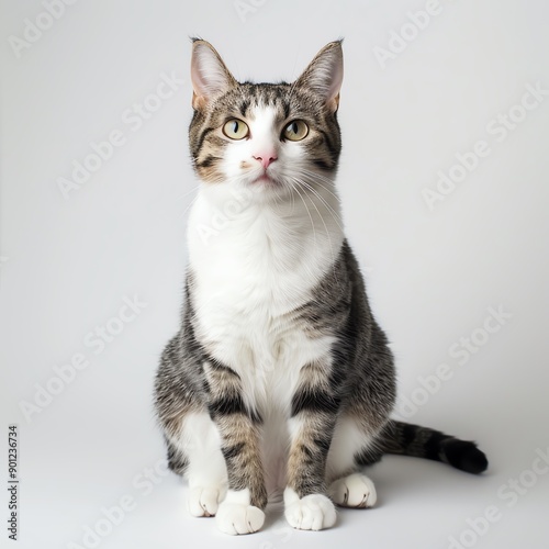 A striking tabby cat with captivating eyes, sitting gracefully against a neutral background, showcasing its elegant posture.