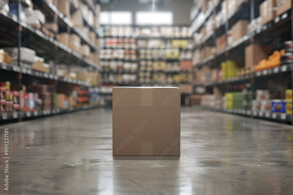 A cardboard box on the floor of an industrial warehouse, surrounded by shelves filled with various goods and products. Concept of inventory, logistics, supply, and warehouse management. A cardboard box on the floor of an industrial warehouse, surrounded by shelves filled with various goods and products. Concept of inventory, logistics, supply, and warehouse management.