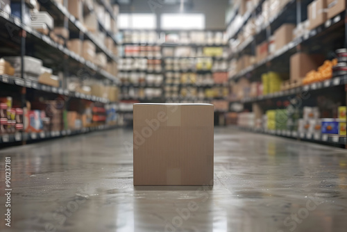 Wallpaper Mural A cardboard box on the floor of an industrial warehouse, surrounded by shelves filled with various goods and products. Concept of inventory, logistics, supply, and warehouse management. Torontodigital.ca