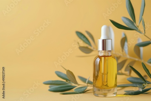 Olive Oil Bottle With Leaves on Yellow Background