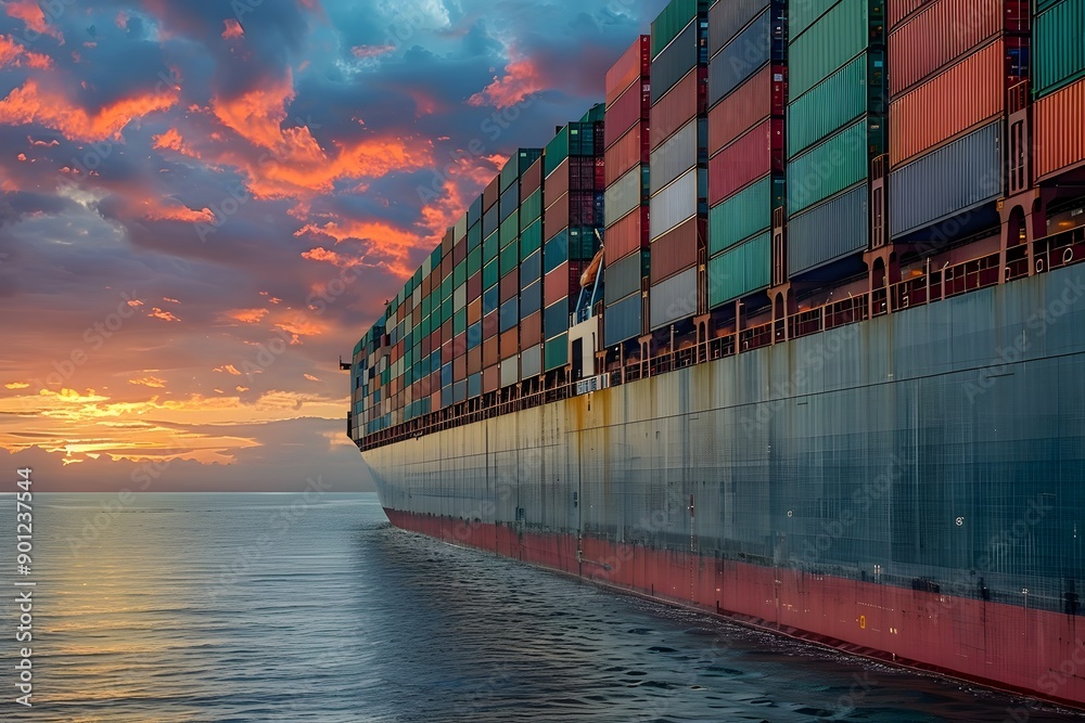 Naklejka premium Majestic Container Ship at Sunset Over Calm Waters