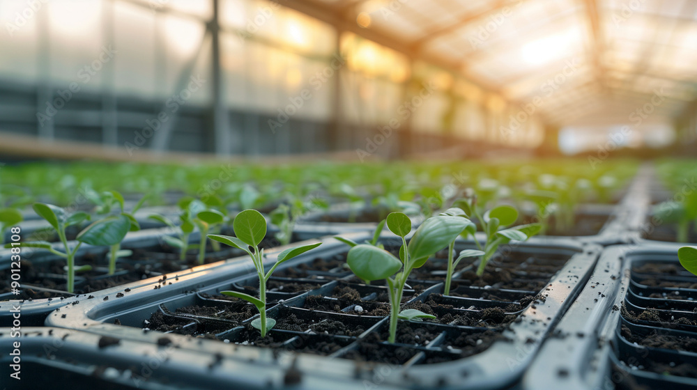 Seedlings growing in seed trays inside a greenhouse Seedlings growing in seed trays inside a greenhouse