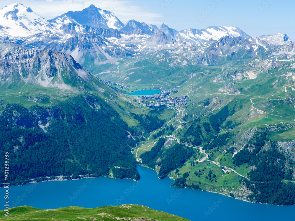 Postcard-Worthy Panorama of Tignes with View of Chevril and Tignes Lakes - Vanoise Massif, Natural Park Postcard-Worthy Panorama of Tignes with View of Chevril and Tignes Lakes - Vanoise Massif, Natural Park